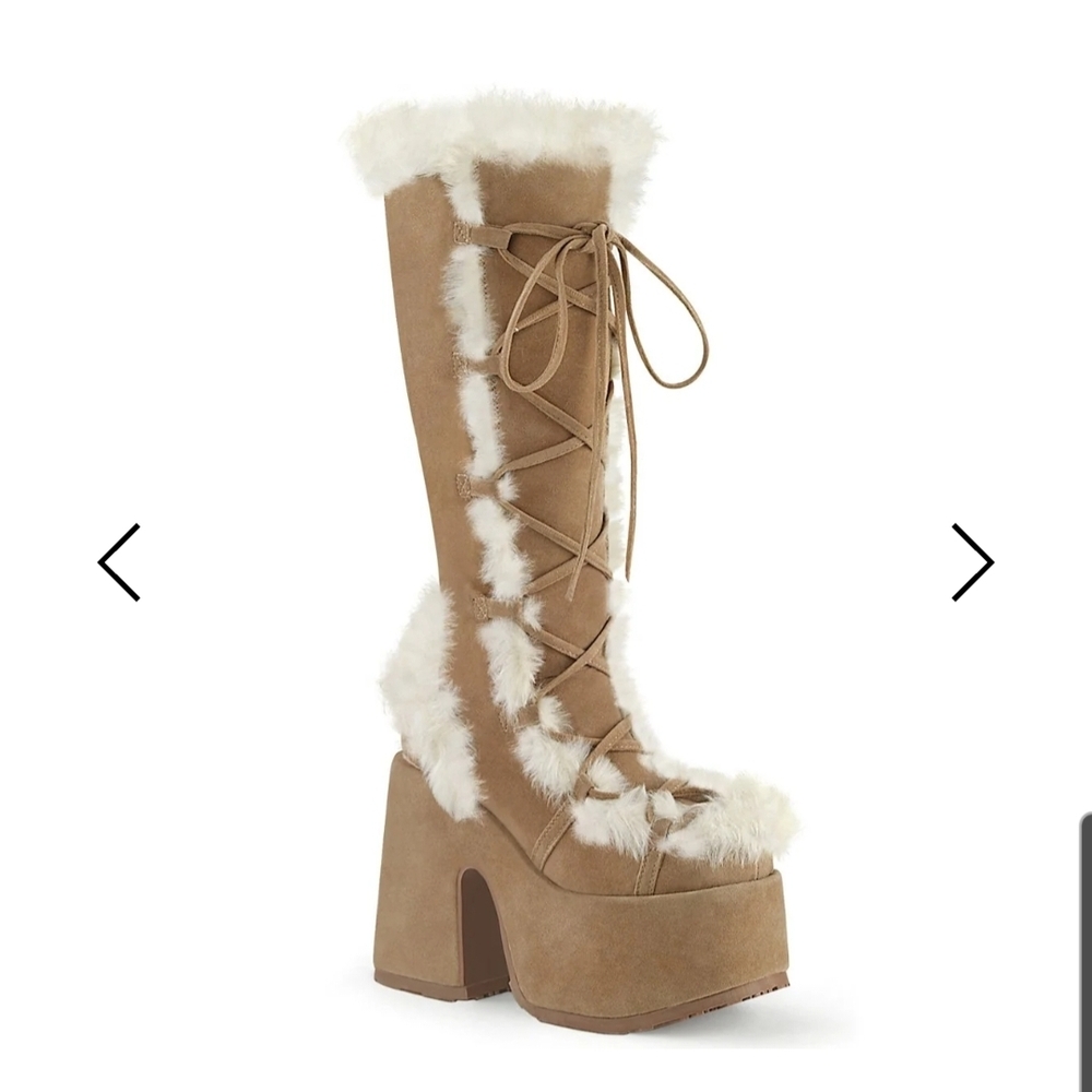 Demonia Tan and White Fur Platform Boots